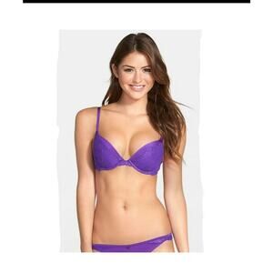 The Black Bow Rumour Lace Plunge Push Up Bra Purple Size 32D